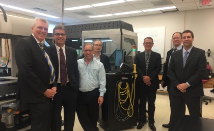 Meeting in the US to discuss the Queensland Emory Drug Discovery Initiative: (from left) UniQuest CEO Dr Dean Moss; UQ Vice-Chancellor and President Professor Peter Høj; Executive Director of the Emory Institute for Drug Development Professor Dennis Liotta; Director of the Emory Chemical Biology Discovery Center Dr Haian Fu, Head of UQ’s Molecular Virology Unit Professor Paul Young; Director of UQ’s Institute for Molecular Bioscience Professor Brandon Wainwright; and UniQuest’s Executive Director of IP Comm